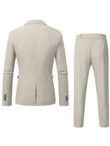 Manfinity Mode Men's Casual Business 2 Pieces Suit, Light Beige Summer Wedding Solid Color Blazer And Pants, Simple Fashion Prom Suit For Daily Wear, Formal - Apricot - View 2