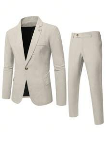 Manfinity Mode Men's Casual Business 2 Pieces Suit, Light Beige Summer Wedding Solid Color Blazer And Pants, Simple Fashion Prom Suit For Daily Wear, Formal - Apricot - View 4