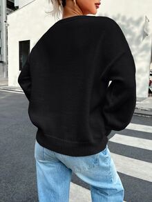 INAWLY Women's Solid Color Crew Neck Long Sleeve Casual Basic Sweater Knit Pullover Autumn Everyday Black - Black - View 2