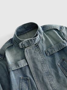 ROMWE MEN Men's Vintage Washed Button Long Sleeve Denim Jacket - Blue - View 3