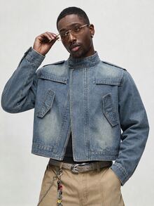 ROMWE MEN Men's Vintage Washed Button Long Sleeve Denim Jacket - Blue - View 6