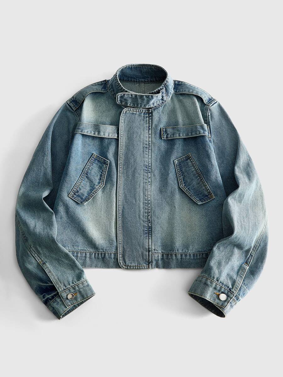 ROMWE MEN Men's Vintage Washed Button Long Sleeve Denim Jacket - Blue - View 1