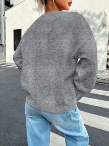 INAWLY 女士休闲简约纯色落肩毛衣，秋冬针织套头衫 - 灰色 - 查看 2