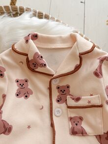 Cozy Pixies 新生兒卡通可愛小熊圖案連身包屁衣 - 卡其色 - 查看 4