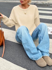 INAWLY 女款純色圓領落肩長袖寬鬆休閒針織套頭毛衣，秋冬款，米色，適合早午餐與校園穿搭 - 杏色 - 查看 6