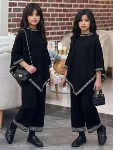 SHEIN 青少年女孩保暖內裡加厚條紋極簡不對稱長袖長褲針織套裝 - 黑與白 - 查看 4