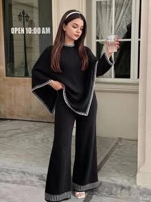 SHEIN 青少年女孩保暖內裡加厚條紋極簡不對稱長袖長褲針織套裝 - 黑與白 - 查看 2