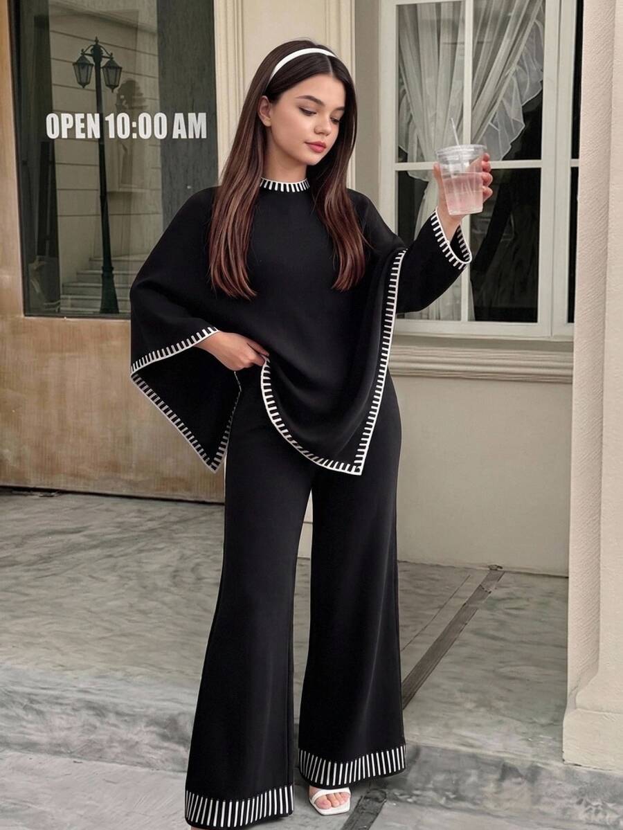 SHEIN 少女加厚條紋簡約不對稱長袖針織上衣與長褲套裝,保暖內裡,適合秋季 - 黑與白 - 查看 1