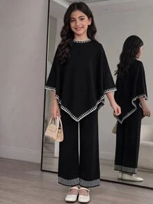 SHEIN 青少年女孩保暖內裡加厚條紋極簡不對稱長袖長褲針織套裝 - 黑與白 - 查看 6