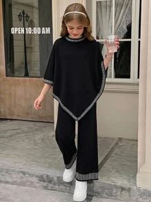SHEIN 青少年女孩保暖內裡加厚條紋極簡不對稱長袖長褲針織套裝 - 黑與白 - 查看 5