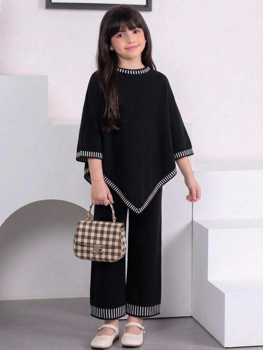 SHEIN 青少年女孩保暖內裡加厚條紋極簡不對稱長袖長褲針織套裝 - 黑與白 - 查看 1
