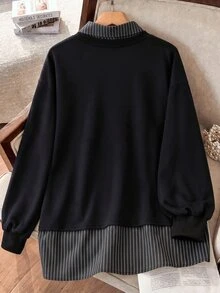 Seusyu Sweatshirt Wanita 2-in-1 Model Berlapis Palsu dengan Kerah Kemeja, Blok Warna Biru & Putih Bergaris Gaya Kampus, Ukuran Plus Serbaguna - Hitam - View 2