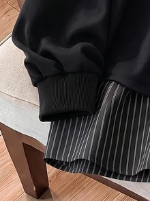 Seusyu Sweatshirt Wanita 2-in-1 Model Berlapis Palsu dengan Kerah Kemeja, Blok Warna Biru & Putih Bergaris Gaya Kampus, Ukuran Plus Serbaguna - Hitam - View 3