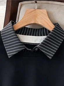 Seusyu Sweatshirt Wanita 2-in-1 Model Berlapis Palsu dengan Kerah Kemeja, Blok Warna Biru & Putih Bergaris Gaya Kampus, Ukuran Plus Serbaguna - Hitam - View 5