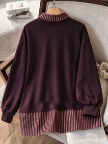 Lacomfia 女款 2 合 1 襯衫領拼接配色藍白條紋學院風百搭大尺碼運動衫 - 酒紅色 - 查看 2