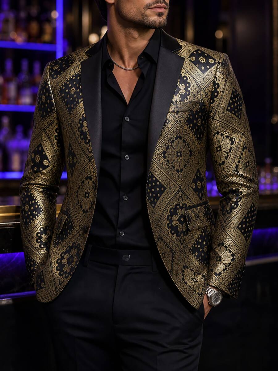 Manfinity AFTRDRK Men's Elegant Button Long Sleeve Jacket And Pants Suit Set, Groomsman Outfit, Boyfriend Gift - Black - View 1