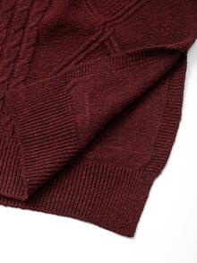 EMERY ROSE Plus Size Women's Winter High Neck Twisted Cable Knit Vintage Split Hem Sweater Dress - Burgundy - View 8