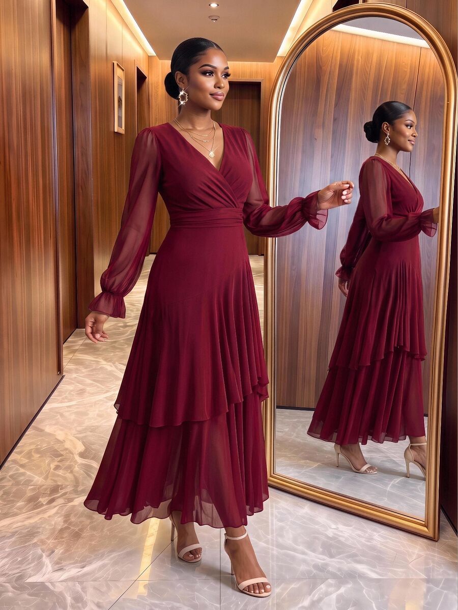 SHEIN Lady CURVE 大尺碼優雅浪漫時尚百褶網紗洋裝,適合晚宴、正式晚餐、婚禮,酒紅色,秋季、新年、聖誕節、返校季 - 酒紅色 - 查看 1