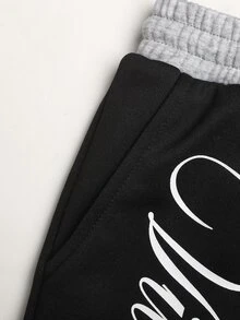 SHEIN Tween Girl Knitted Loose Color Block Waist Letter Print Casual Drawstring Pocket Wide Leg Sweatpants, Black Comfy Pants - Black - View 6