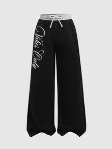 SHEIN Tween Girl Knitted Loose Color Block Waist Letter Print Casual Drawstring Pocket Wide Leg Sweatpants, Black Comfy Pants - Black - View 2