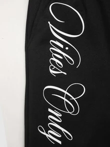 SHEIN Tween Girl Knitted Loose Color Block Waist Letter Print Casual Drawstring Pocket Wide Leg Sweatpants, Black Comfy Pants - Black - View 7
