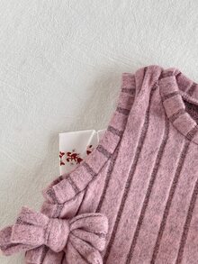 SHEIN 2件組女嬰花卉洋裝，甜美優雅藕粉色，蝴蝶結羅紋領、長袖圓領，休閒版型，適合生日、秋季婚禮賓客、假日穿搭 - 粉色 - 查看 4