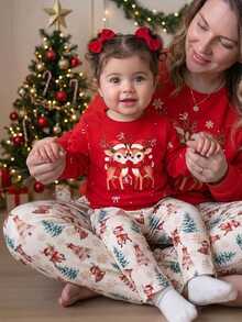 SHEIN 2pcs Toddler Girl Sweatshirt Pants Cute Sweet Red Reindeer Snowflake Tree Bow Print Long Sleeve Round Neck Regular Winter Holiday Y2K Ribbed - Red - View 1