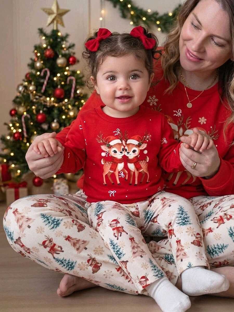 SHEIN 2pcs Toddler Girl Sweatshirt Pants Cute Sweet Red Reindeer Snowflake Tree Bow Print Long Sleeve Round Neck Regular Winter Holiday Y2K Ribbed - Red - View 1