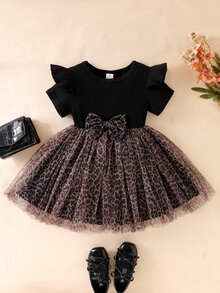 Vestido De Niña Joven Con Diseño De Leopardo Con Adornos De Malla, Volantes Y Lazo Frontal - Multicolor - Ver 6