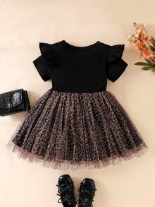 Vestido De Niña Joven Con Diseño De Leopardo Con Adornos De Malla, Volantes Y Lazo Frontal - Multicolor - Ver 3