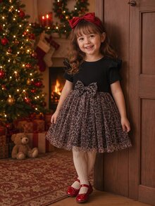 Vestido De Niña Joven Con Diseño De Leopardo Con Adornos De Malla, Volantes Y Lazo Frontal - Multicolor - Ver 2