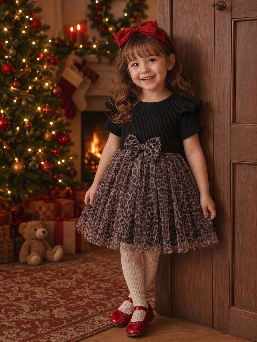 Vestido De Niña Joven Con Diseño De Leopardo Con Adornos De Malla, Volantes Y Lazo Frontal