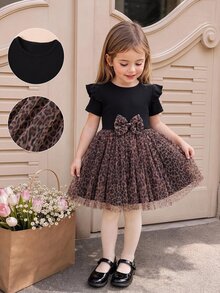 Vestido De Niña Joven Con Diseño De Leopardo Con Adornos De Malla, Volantes Y Lazo Frontal - Multicolor - Ver 7