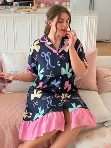 Slumberry CURVE Sweet & Cute INS Colorful Bow Print Ruffle Trim Lapel Front Button Plus Size Women's Nightgown - Multicolor - View 4