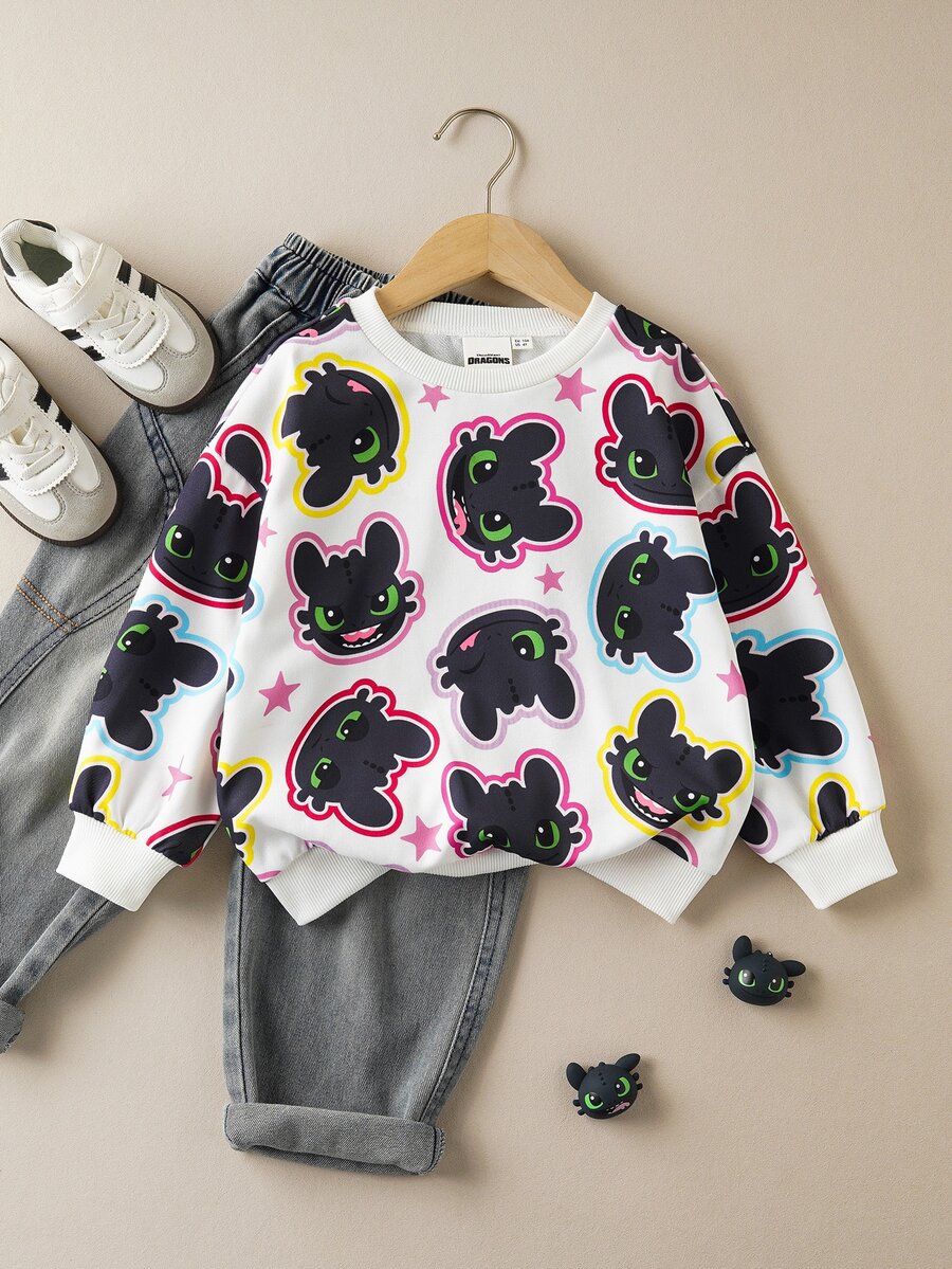 SHEIN How to Train Your Dragon Young Girl Casual Loose Fit Drop Shoulder Round Neck Sweatshirt With All-Over Print, Suitable For Spring/Autumn Daily Wear - White - View 1