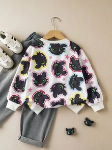 SHEIN How to Train Your Dragon Young Girl Casual Loose Fit Drop Shoulder Round Neck Sweatshirt With All-Over Print, Suitable For Spring/Autumn Daily Wear - White - View 2