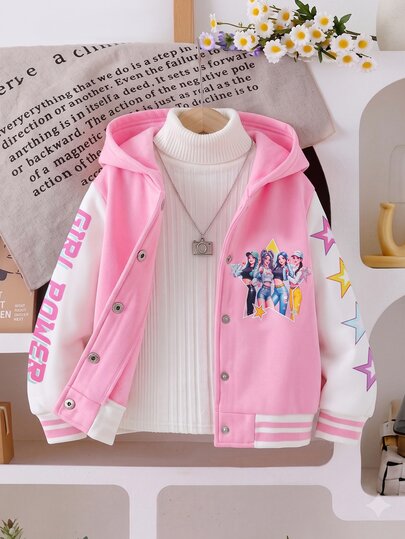 SHEIN Young Girls Hooded Jackets, Cute Tops, Y2k Tops, Long Sleeve, New Fall Styles, New Fall Looks, Back To School, Graphic Tees, Cardigan,Baseball Jacket