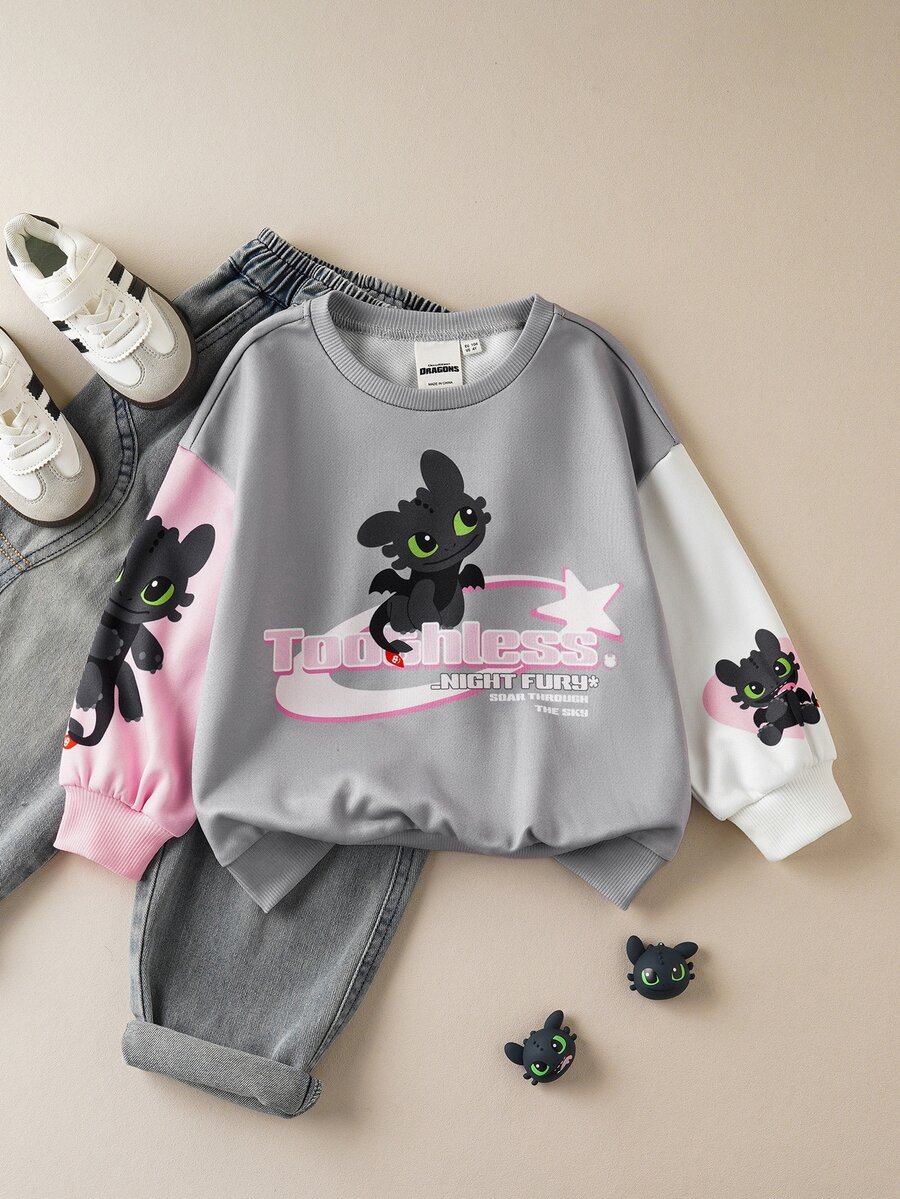 SHEIN How to Train Your Dragon 1pc Young Girl Casual Style Cartoon Pattern Crew Neck Long Sleeve Comfortable Sweatshirt - Multicolor - View 1