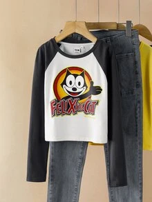SHEIN Felix The Cat Tween Girl Cartoon Pattern Cute Colorblock Black & White Casual Long Sleeve T-Shirt - متعدد الألوان - مشاهدة 3