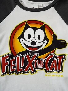 SHEIN Felix The Cat Tween Girl Cartoon Pattern Cute Colorblock Black & White Casual Long Sleeve T-Shirt - متعدد الألوان - مشاهدة 5