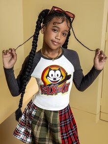 SHEIN Felix The Cat Tween Girl Cartoon Pattern Cute Colorblock Black & White Casual Long Sleeve T-Shirt - متعدد الألوان - مشاهدة 1