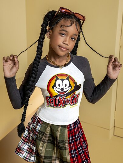 SHEIN Felix The Cat Tween Girl Cartoon Pattern Cute Colorblock Black & White Casual Long Sleeve T-Shirt