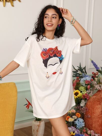 Chillnights Frida Kahlo X SHEIN Women's Round Neck Short Sleeve Character Print Nightgown