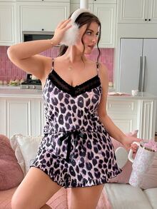 Slumberry CURVE Sweet & Cute INS Leopard Print Colorblock Lace Patchwork Plus Size Women's Pajama Set - Multicolor - View 1