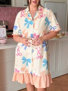 Slumberry CURVE Sweet & Cute INS Colorful Bow Print Ruffle Trim Lapel Front Button Plus Size Women's Nightgown - Multicolor - View 3