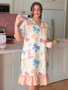 Slumberry CURVE Sweet & Cute INS Colorful Bow Print Ruffle Trim Lapel Front Button Plus Size Women's Nightgown - Multicolor - View 5