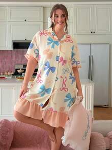 Slumberry CURVE Sweet & Cute INS Colorful Bow Print Ruffle Trim Lapel Front Button Plus Size Women's Nightgown - Multicolor - View 1