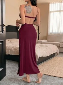 DAZY Lace Patchwork Fitted Sleeveless Long Strap Dress Nightgown For Women - Burgundy - View 1