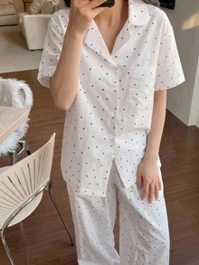 DAZY 2pcs/Set Women's Summer Pajama Set, Polka Dot All-Over Print Loose Short Sleeve Cardigan Top & Straight Leg Long Pants - White - View 8
