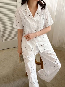 DAZY 2pcs/Set Women's Summer Pajama Set, Polka Dot All-Over Print Loose Short Sleeve Cardigan Top & Straight Leg Long Pants - White - View 4